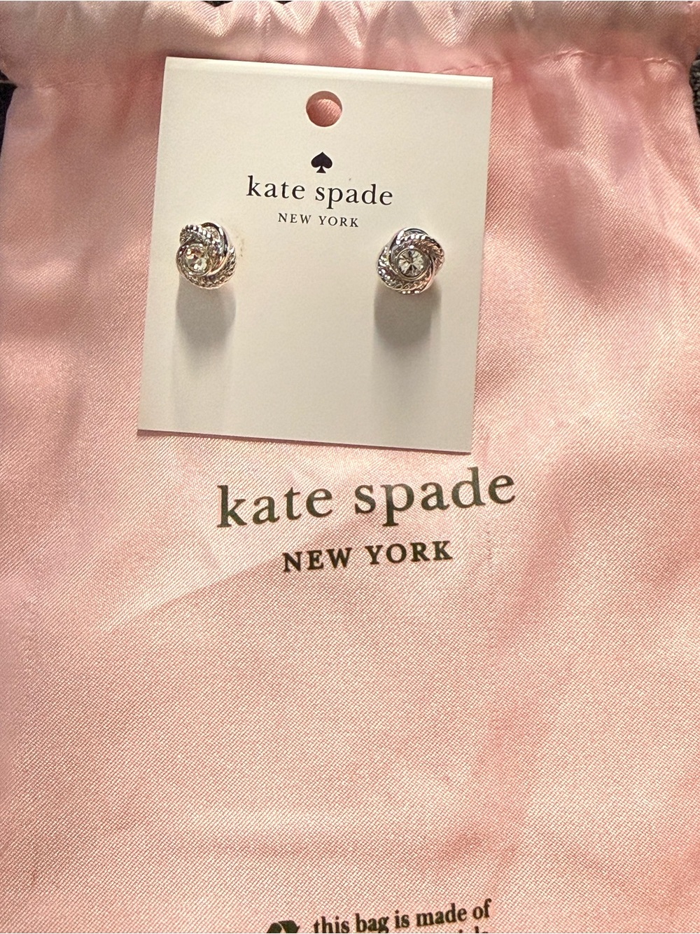 kate spade Silver Crystal Knot Stud Earrings with Pink Pouch